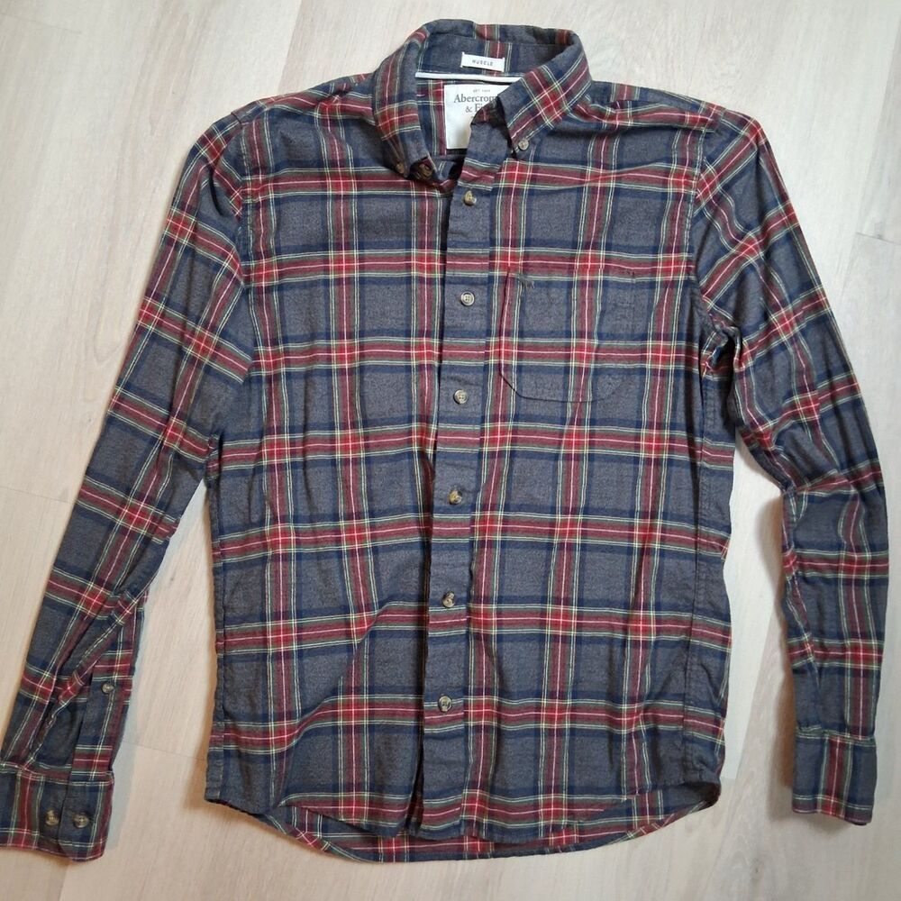 Abercrombie & Fitch Muscle Fit Plaid Shirt Mens S Long Sleeve Button Up Gray